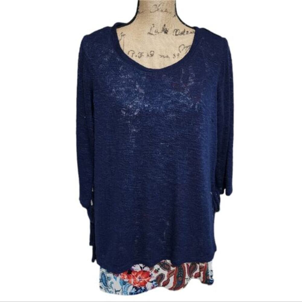 Avenue Floral Trimmed Slightly Sheer Ruched Side Tunic‎ Length Shirt SZ 14 16 XL